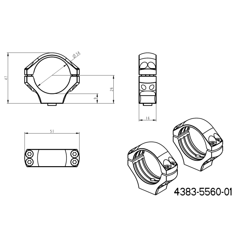 34mm inele montare luneta | bază Picatinny QD scurtă 