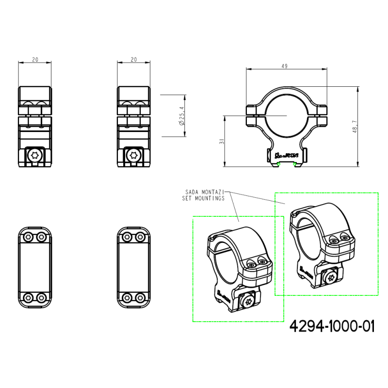 CZ 457 inele montare luneta pentru coadă de rândunică | 1 inch [25.4mm] 