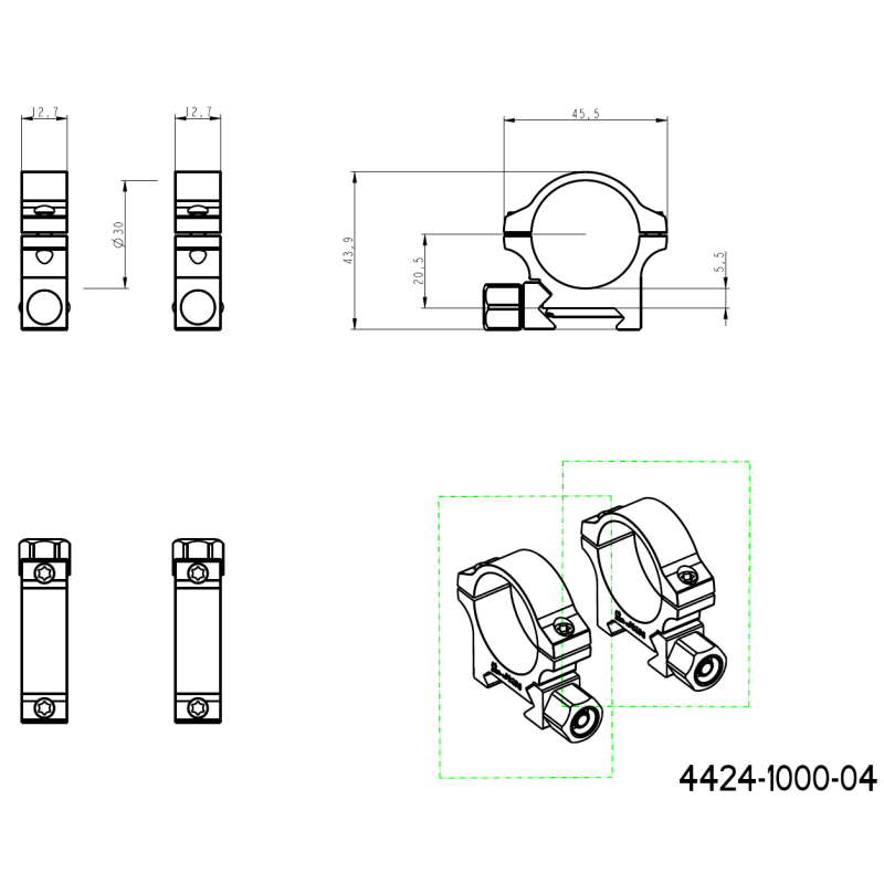 30mm inele montare luneta | Bază Picatinny cu piuliță cu șurub 